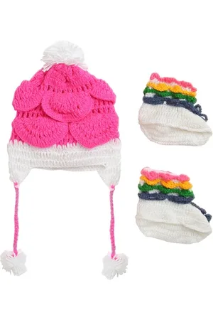 CHUTPUT Unisex Kids Pink & White Embroidered Beanie
