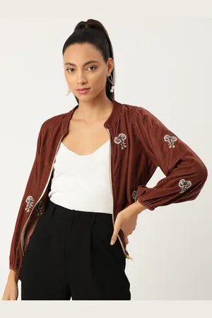 Antheaa Women Brown Solid Tailored Jacket with Embroidered Detail
