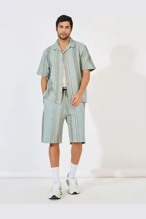 Styli Men Jacquard Stripe Knit Resort Relaxed Shirt with Oversize Shorts Co-ord set