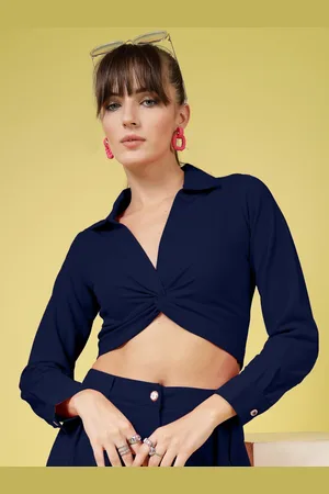 OOMPH Women Shirt Collar Cuffed Sleeves Crop Top
