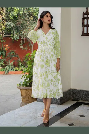 Janasya Women Floral Printed V-neck Puff Sleeve Fit & Flare Midi Dress