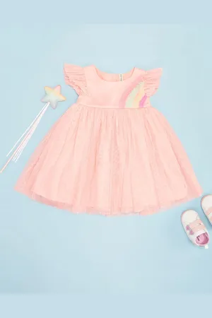 Pantaloons Girls Cotton Self Design Round Neck Cap Sleeves Fit & Flare Party Dress