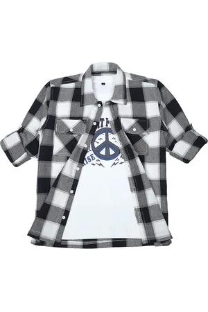 CAVIO Boys Spread Collar Buffalo Checked Cotton Casual Shirt & T-Shirt