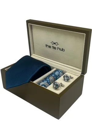 The Tie Hub Men Silk Necktie, Brass Cufflinks & Silk Pocket Square Accessory Gift Set