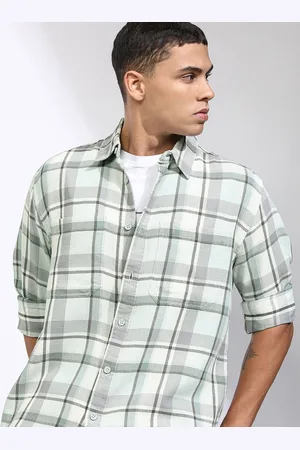 Highlander Men Mint Dobby Textured Checked Utility Pocket Oversized Overshirt