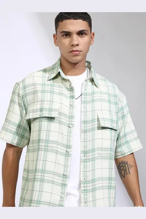 Highlander Men Off Mocklino Dobby Textured Checked Utility Pocket Oversized Overshirt