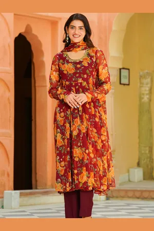 Ambraee Floral Printed Anarkali Sequinned Kurta With Trousers & Dupatta