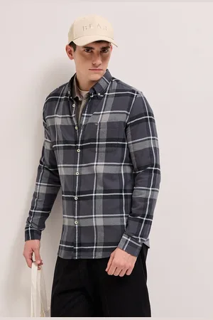 The Bear House Men Grey Flannel Slim Fit Pure Cotton Checked Casual Shirt