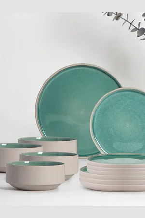 Anko Green & Beige 12 Pieces Stoneware Glossy Dinner Set