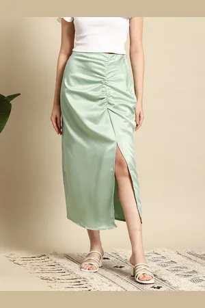 Mast & Harbour Satin-Finish Ruched Side-Slit Midi Skirt