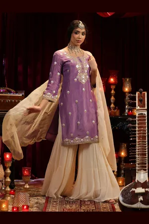 SCAKHI Floral Embroidered Shimmer Organza Straight Kurta with Sharara & Dupatta