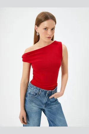 Koton One Shoulder Solid Cherry Red Sleeveless Top
