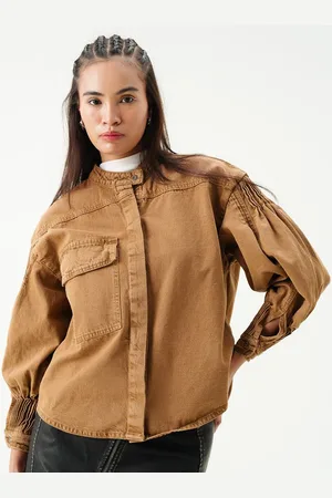 FREAKINS Women Mandarin Collar Solid Cotton Casual Denim Jacket