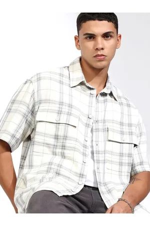 Highlander Men Off Mocklino Dobby Textured Checked Utility Pocket Oversized Overshirt