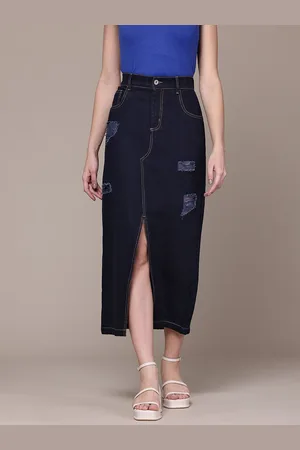 Roadster Distressed Pure Cotton Denim Straight Midi Skirt with Front Slit