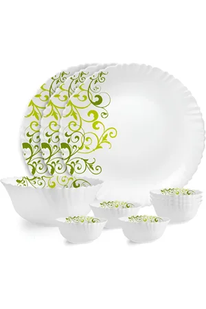 Cello Dazzle White and Green 10 Pieces Opalware Microwave Safe Dinner Set
