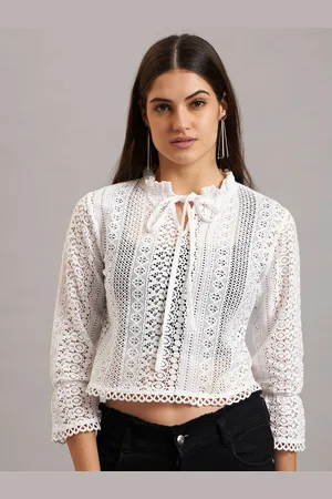 Eavan Women Sheer Embroidered Tie-Up Neck Crop Top