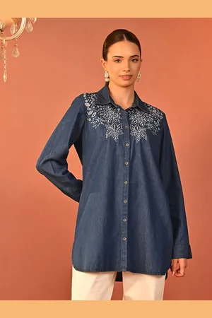 Lakshita Women Relaxed Spread Collar Floral Embroidered Denim Relaxed Fit Casual Shirt