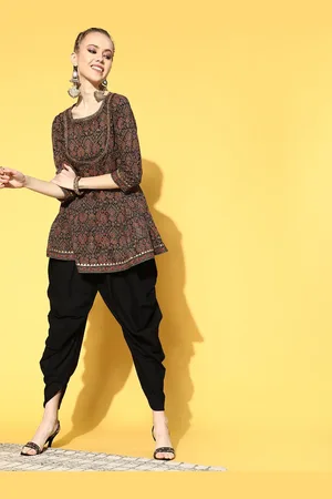 indo street Women Ethnic Motifs Printed Regular Gotta Patti Pure Cotton Kurti with Dhoti Pants