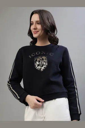 ICONIC Women Typography Printed Round Neck Cotton Pullover Ribbed Sweatshirt