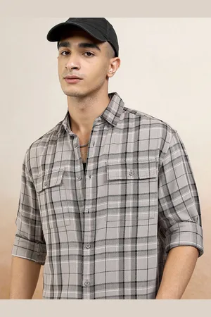 Highlander Men Tan Mocklino Dobby Textured Checked Utility Pocket Relaxed Shirt