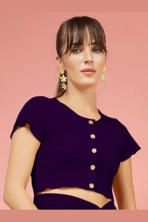 OOMPH Women Round Neck Short Sleeves Front Open Crop Top