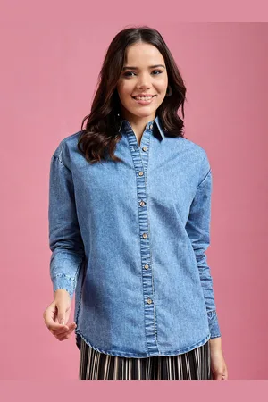 DressBerry Women Classic Spread Collar Solid Denim Casual Shirt