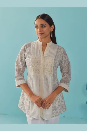 Lakshita Women Cotton Self Design Mandarin Collar Sheer Tunic