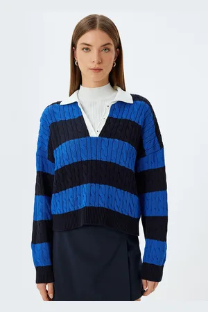 Koton Women Striped Lapel Collar Pullover Sweater