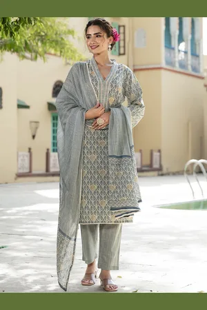 Divena World V-Neck Floral Printed Pure Cotton Straight Kurta with Trouser & Dupatta