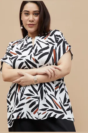 Lifestyle Women Plus Size Abstract Printed Mandarin Collar Top