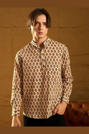 DENNISON Floral Block Printed Mandarin Collar Cotton Short Kurta
