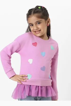 Nauti Nati Girls Heart Printed Round Neck Full Sleeves Sweatshirt