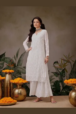 ADAM Co. Women White Chikankari Hand Embroidered Sheer Straight Handloom Kurta with Inner