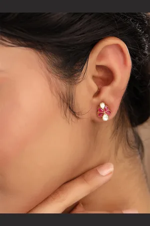 Kicky And Perky 925 Sterling Silver Moissanite & Pink Talphe Studded Floral Studs Earrings