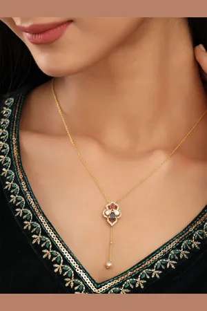 Kicky And Perky 925 Sterling Silver Gold-Plated Stone-Studded Pendant With Chain