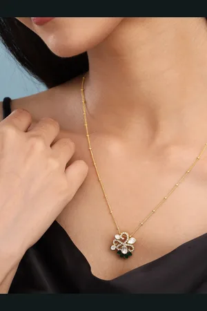 Kicky And Perky 925 Silver Moissanite Green Talphe Studded Gold-Plated Pendant Chain