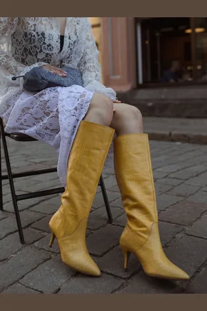 SAINT G. Women Yellow Solid Leather Casual Long Winter Boots