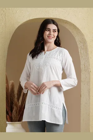 ADAM Co. Women Plus Size White Chikankari Embroidered Pure Cotton Kurti
