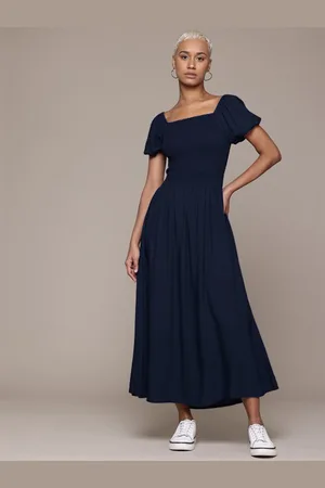 Roadster Puff Sleeves Fit & Flare Smocked Maxi Dress