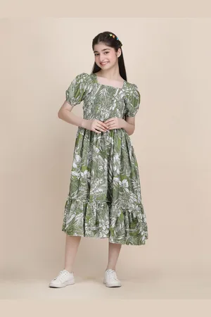DEKLOOK Girls Floral Printed Puff Sleeve Fit & Flare Dress