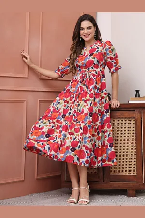 Claura Women Cotton Floral Print Puff Sleeve Fit & Flare Midi Dress