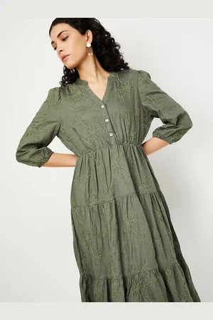 Max Collection Women Floral Embroidered Puff Sleeve Fit - Flare Midi Dress