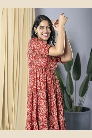 Kalini Women Cotton Printed Puff Sleeve Formal Fit & Flare Midi Dress