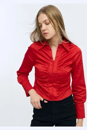 COVER STORY Women Cherry Red Ruched Front Casual Shirt