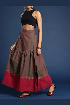 Taavi Women Colourblocked Woven Festive Maxi Skirt