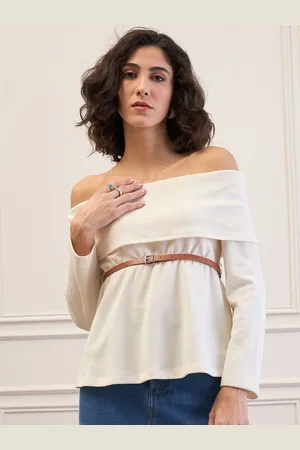 Sassafras Women Off-Shoulder Belted Layered Peplum Top