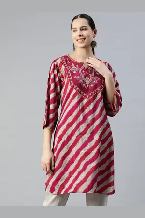 Lakshita Women Striped Embroidered Mandarin Collar Three-Quarter Sleeves Tunic