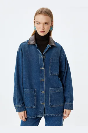 Koton Women Spread Collar Washed Solid Cotton Casual Denim Jacket
