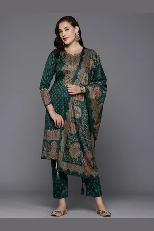 Cayman Ethnic Motifs Printed Sequinned Pure Wool Kurta With Trousers & Dupatta